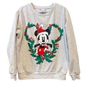 Disney Mickey Mouse Christmas Wreath Holiday Gray Santa Sweatshirt Women's Large